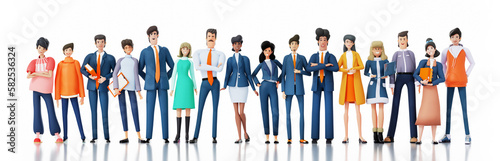Successful business team stand in line. Business people smile to camera isolated on white. 3D rendering illustration