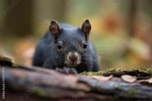 A rare, adorable Black Squirrel (Scirius carolinensis) looks from a log in a UK woodland. Generative AI photo