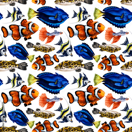 Seamless pattern with colorful marine life. Tropical fish. Background for textiles, fabrics, wrapping paper, souvenirs and other designs
