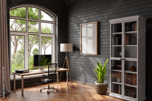 comfortable workplace with pc standing on wooden desk in office at home; bright sunlight shines through large window; wall; with canvas copy space; remote work freelance concept; 3D Illustration
