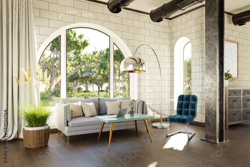 luxurious landhouse countryhouse apartment with arched window and landscape view; noble interior living room design mock up; 3D Illustration photo