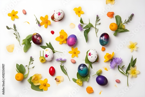 Easter decoration. Easter composition with colored eggs and flowers. Flat lay. Generative AI
