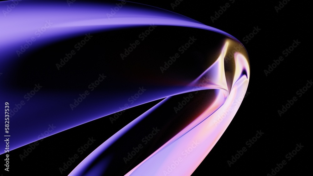 Abstract fluid holographic iridescent neon curved wave in motion dark background 3d render. Gradient design element for banners, backgrounds, wallpapers and covers - obrazy, fototapety, plakaty 