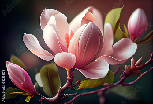 Branch of pink magnolia macro. Spring flowers. Generated AI.