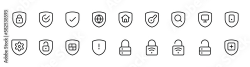 Security icons set. Cyber lock, unlock, password. Guard, shield, home security system icons. Eye access, electronic check, firewall. Internet protection, laptop password. Vector Linear set. ui
