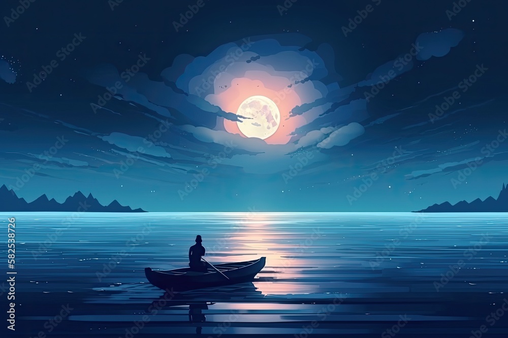 night scenery of a man rowing a boat among many glowing moons floating