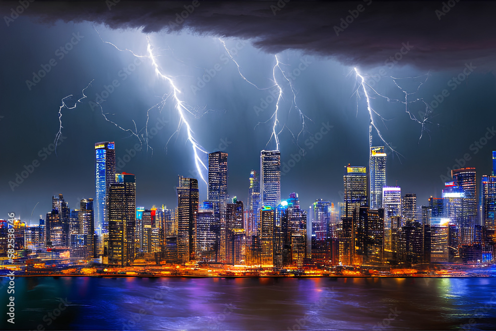Lightning Over A City At Night Generative AI Art