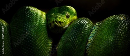 Green snake and eye on black background