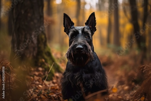 Black Scottish terrier dog in autumn standing near the trees in the forest. Generative AI © AkuAku