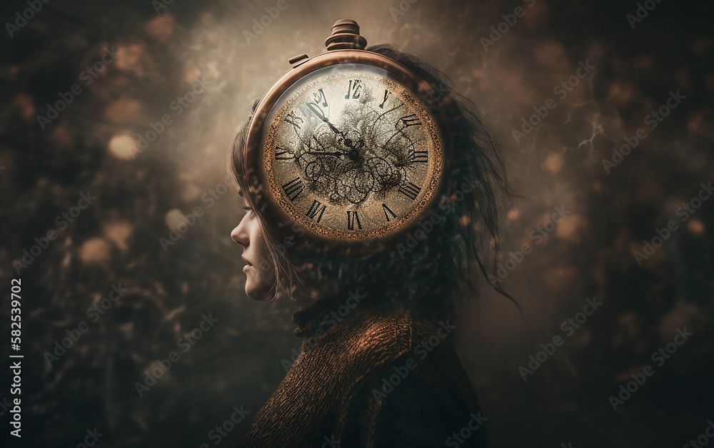 Artistic concept showing a woman's profile with a clock face overlay, merging human and temporal elements.