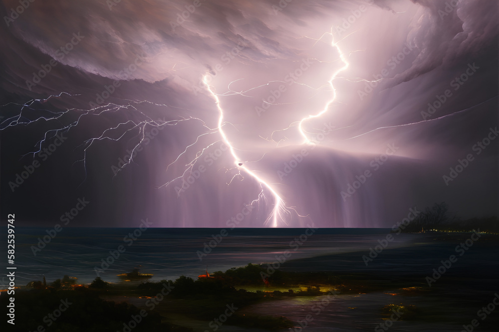 Lightning thunderstorm over the beach Generative AI Art