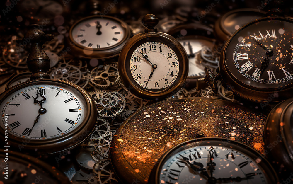 Assortment of vintage pocket watches spread out, showcasing intricate gears and time-worn faces.