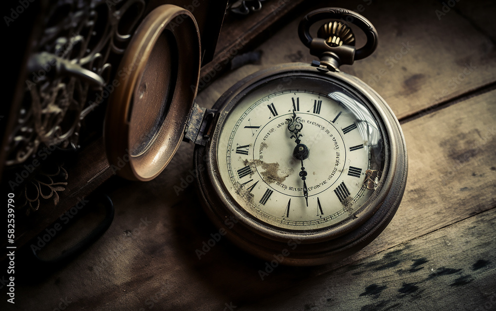 Close-up of an old-fashioned pocket watch next to reading glasses on a worn wooden table, highlighting the theme of antiquity. Close-up of an old-fashioned pocket watch next to reading glasses on a worn wooden table, highlighting the theme of antiquity.