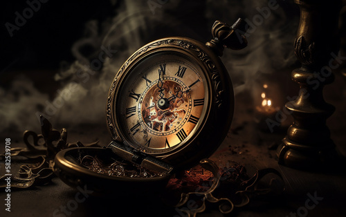 Antique pocket watch open on a table with soft candlelight in the background, capturing a vintage mood.