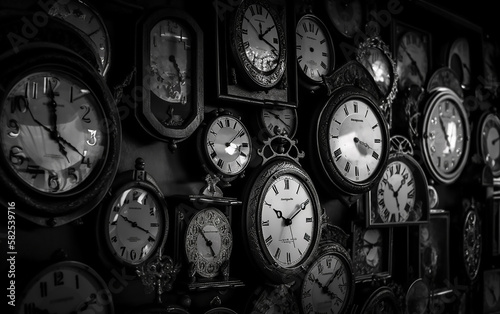 Wall display of assorted classic clocks in a monochrome setting, showcasing different designs and times.