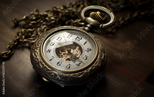Ornate vintage pocket watch with visible inner workings lying on a wooden surface, illustrating craftsmanship.