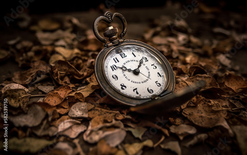 Antique pocket watch placed on a bed of dry leaves, emphasizing the passage of time amidst nature.