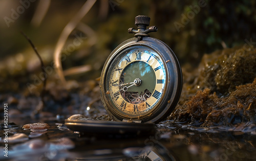 Vintage timepiece beside a stream, reflecting its face on the water surface, a fusion of craftsmanship and nature.