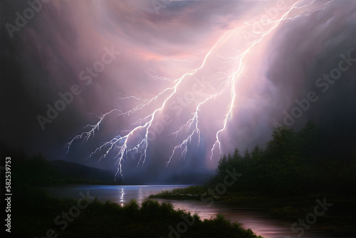 Lightning over the river and wilderness Generative AI Art