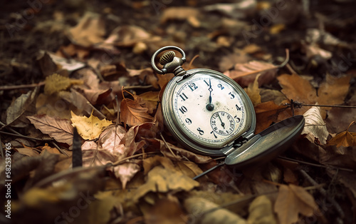 Classic pocket watch on a bed of autumn leaves, showing the hands of time amidst fallen foliage.