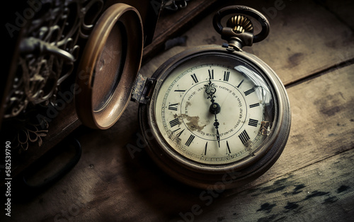 Close-up of an old-fashioned pocket watch next to reading glasses on a worn wooden table, highlighting the theme of antiquity.