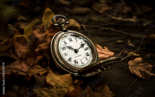 Vintage pocket watch on the ground surrounded by autumn leaves, emphasizing the transition of seasons and time.