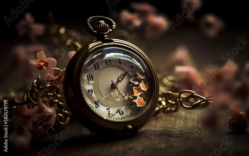 Delicate pocket watch with ornate chain placed beside pink blossoms, showcasing a blend of nature and craftsmanship.