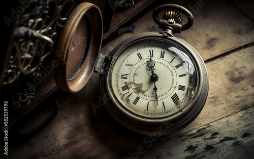 Antique pocket watch and eyeglasses on a rustic wooden surface, emphasizing the value of time and history.