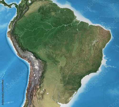 Physical map of Brazil. Geography and topography of Amazon rainforest. Detailed flat view of the Planet Earth and its landforms. 3D illustration - Elements of this image furnished by NASA