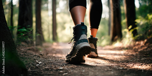 Legs of woman hiking in the forest, lifestyle, image created with AI