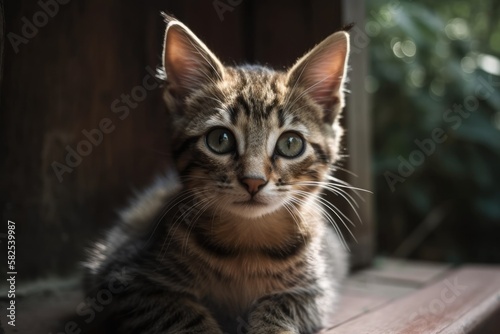 Lazy Striped Cat Kitten on Front Porch. Generative AI © AkuAku