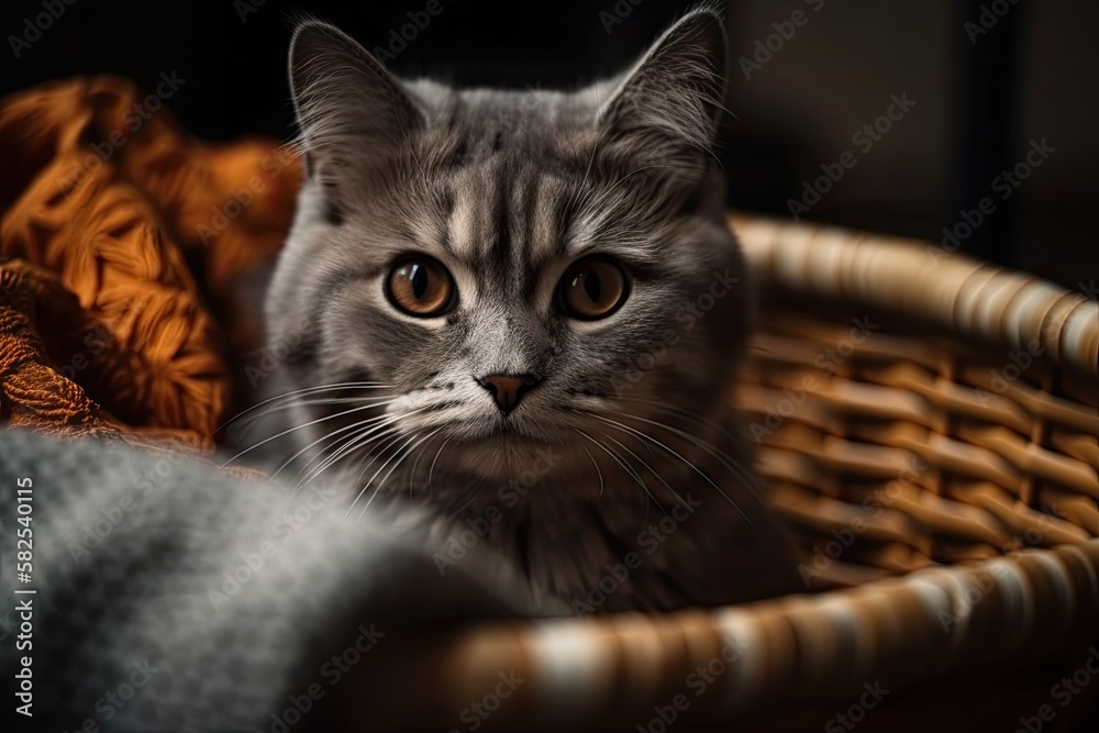 A beautiful kitty in a laundry basket. Generative AI A beautiful kitty in a laundry basket. Generative AI