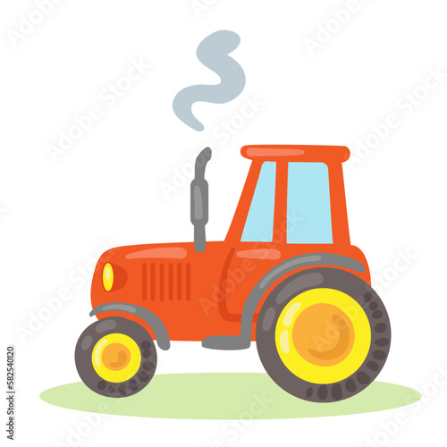 Red toy tractor. In cartoon style. Isolated on white background. Vector flat illustration. Kids toys.
