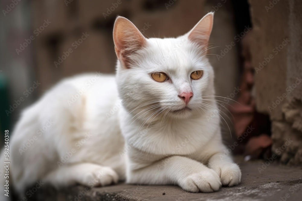 A white cat sits on a low wall. Generative AI
