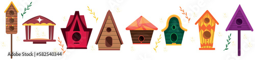 Set of colorful bird houses and feeder on white background