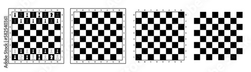 Silhouettes of chess pieces. A chessboard. Black and white chess icons. Vector chess isolated on a white background. Playing chess on the board. King, Queen, Rook, Knight, Bishop, Pawn