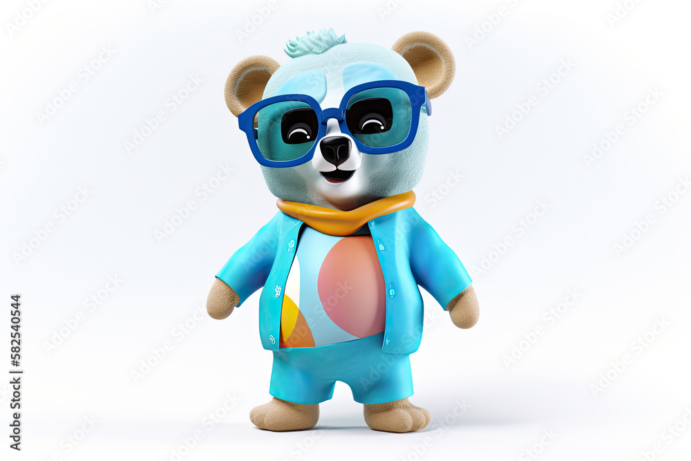 Naklejka premium A happy and cool 3D character of a bear with full body, wearing clothes and sunglasses, on a background. Generative AI
