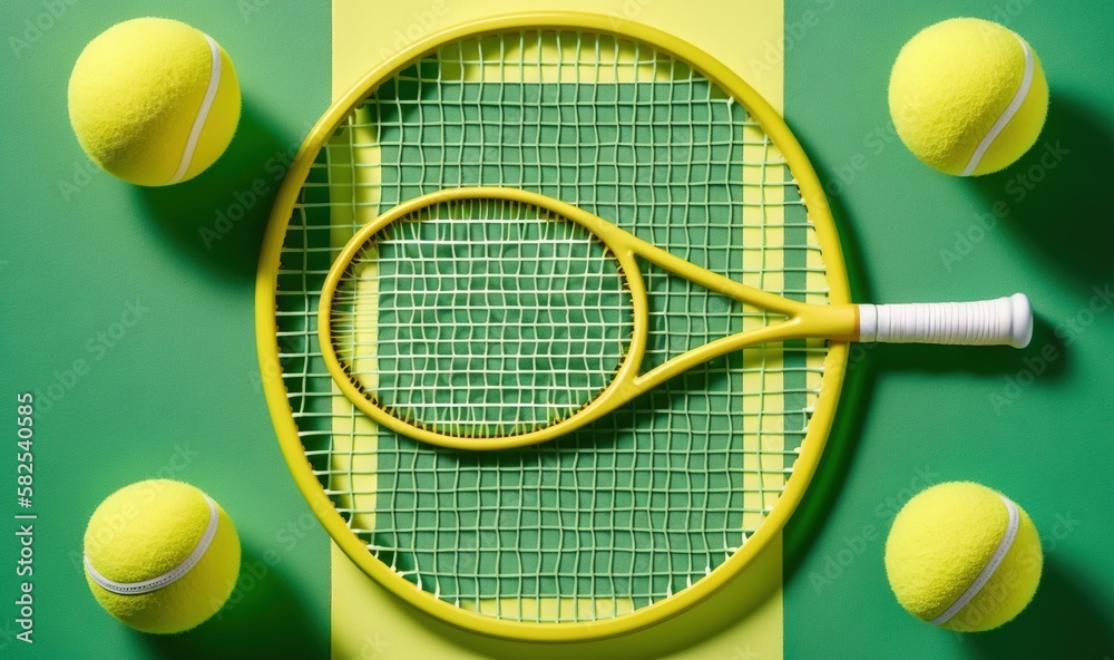  a tennis racket and balls on a green and yellow background with a yellow stripe on the bottom of the racket and a white ball on the bottom of the racket.  generative ai