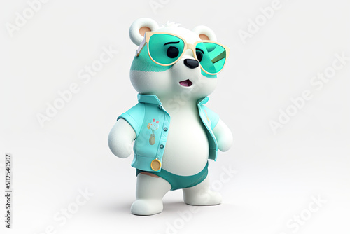 A happy and cool 3D character of a bear with full body  wearing clothes and sunglasses  on a background. Generative AI