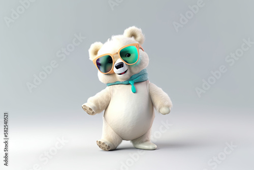 A happy and cool 3D character of a bear with full body  wearing clothes and sunglasses  on a background. Generative AI