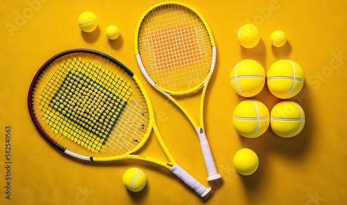  two tennis rackets and four tennis balls on a yellow surface with a checkered pattern on the back of the racket and four tennis balls.  generative ai © Shanti