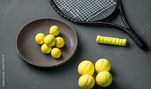  a tennis racket and some yellow balls on a gray tablecloth with a plate of yellow tennis balls and a black racket on a gray background.  generative ai © Shanti