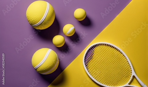  a tennis racket and balls on a purple and yellow background with a purple and yellow diagonal strip in the middle of the image and a yellow and white tennis racket on the. generative ai