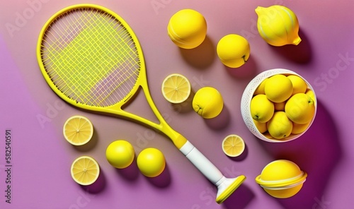  a yellow tennis racket and a bowl of lemons on a purple background with a pink background and a white bowl of lemons. generative ai