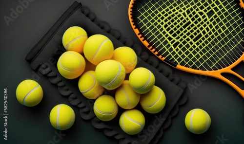  a bunch of tennis balls and a racket on a black surface with a black cloth on the side of the racket and a black background.  generative ai © Shanti