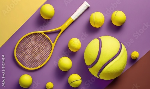  a yellow tennis racket and balls on a purple and yellow background with a purple and yellow background and a purple and yellow background with a white tennis racket.  generative ai © Shanti