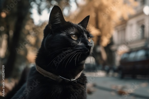 Black kitty on the street blinking in the light. Generative AI