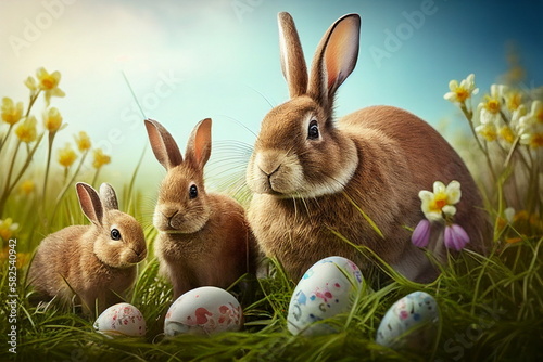 Bunny family with easter eggs on spring meadow  generative AI