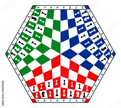 Hexagonal chessboard for three players with chess pieces. Chess pieces in flat style. Silhouettes of chess pieces. Chessboard. Vector illustration of the chess isolated on white background