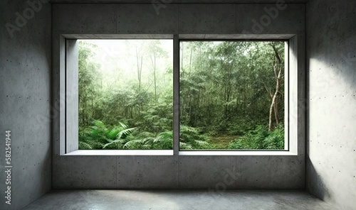  an empty room with a large window and a view of a forest through the window of a concrete wall  with sunlight streaming through the window.  generative ai